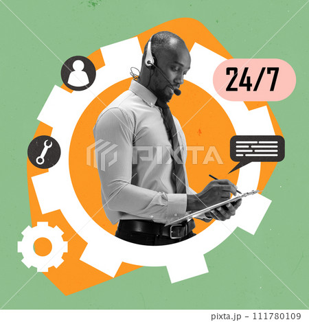 Male customer support operator available anytime working online, listening to people's problems, making notes. Contemporary art collage. 111780109