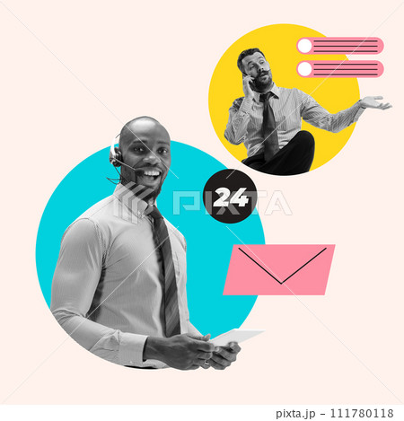 Excited emotional man, operator talking with young man expressing problems. Communicative skills. Contemporary art collage. 111780118