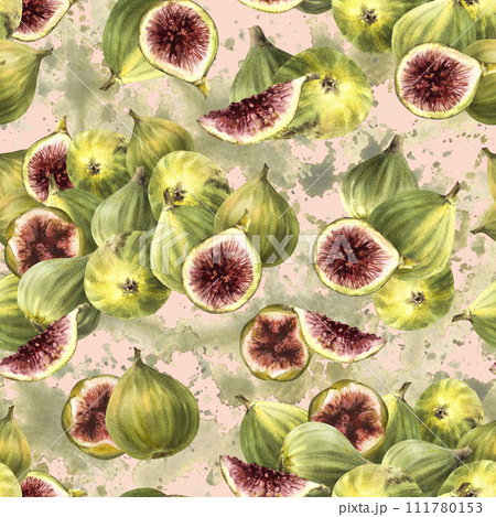 Pile of ripe juicy green purple figs, picked fruit seamless pattern on watercolor stains light background. Food plant clipart for label wallpaper packaging, textile. Hand drawn illustration Isolated Pile of ripe juicy green purple figs, picked fruit seamless pattern on watercolor stains light background. Food plant clipart for label wallpaper packaging, textile. Hand drawn illustration Isolated 111780153
