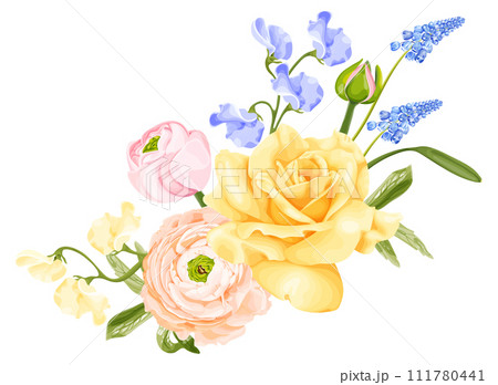 Spring bouquet with yellow rose, pink ranunculus, blue hyacinth flower and sweet pea. 111780441