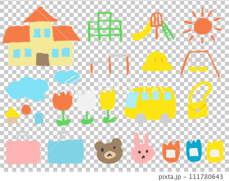子どもがクレヨンで描いたような保育園・幼稚園・こども園の手書き風イラストセット（ベクター版） 111780643