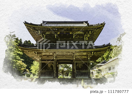水彩画風 上越 林泉寺 山門 新潟県上越市 水彩画風 上越 林泉寺 山門 新潟県上越市 111780777