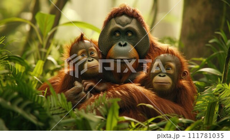 Mother orangutan with her cute babies in the grass 111781035