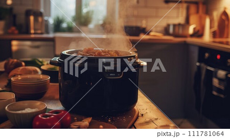 Modern multi cooker and empty plates on table in kitchen 111781064