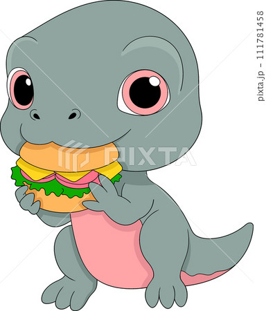 doodle cartoon sticker food logo illustration, a grey dinosaur is munching on a delicious burger doodle cartoon sticker food logo illustration, a grey dinosaur is munching on a delicious burger 111781458