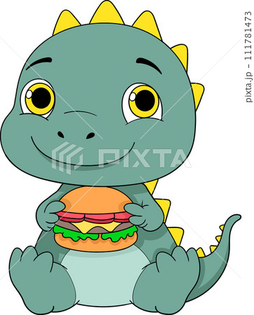 illustration of doodle cartoon sticker food logo, a dinosaur is sitting carrying a delicious burger to be served 111781473