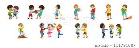 Angry Warring and Bullying Kids Fighting Vector Set 111781687