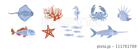Sea Animals and Marine Creature Floating in Ocean Vector Set Sea Animals and Marine Creature Floating in Ocean Vector Set 111781789