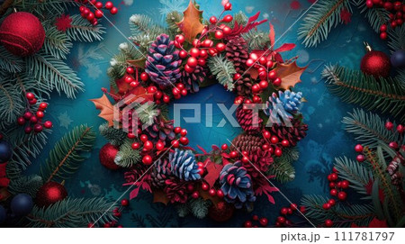 Vintage concept of a red berry holiday wreath on rustic wood Vintage concept of a red berry holiday wreath on rustic wood 111781797