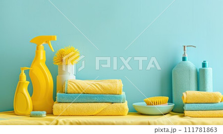 Cleaning set for different surfaces in kitchen, bathroom and other rooms. Empty place for text or logo. Bright yellow background. Spring regular cleanup. Front view. Cleaning set for different surfaces in kitchen, bathroom and other rooms. Empty place for text or logo. Bright yellow background. Spring regular cleanup. Front view. 111781863