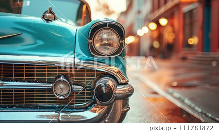 Classic american car from the fifties Low angle view showing cyan paint and chrome fender and grill 111781872