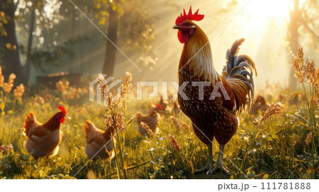 Beautiful Rooster standing on the grass in blurred nature green background. rooster going to crow Beautiful Rooster standing on the grass in blurred nature green background. rooster going to crow 111781888