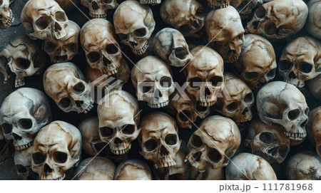 Pile Of Skull And Bone, On Black Background, scary crime concept, still life style 111781968