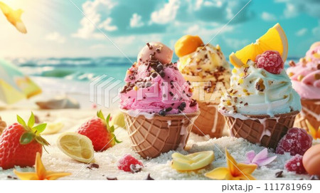 Gourmet ice-cream served in wafer cups in the golden sand on a tropical beach in summer with chocolate, vanilla and strawberry flavours against a blue sky in a panorama banner 111781969