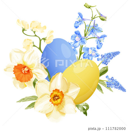 Spring bouquet with narcissus, blue hyacinth, delphinium, sweet pea and Easter eggs. 111782000
