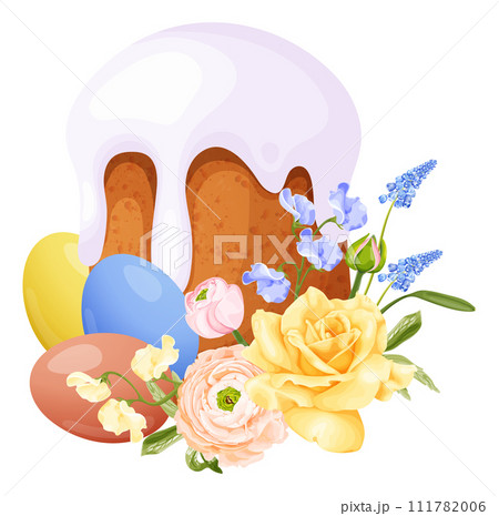 Spring composition with traditional Easter cake and eggs, rose, ranunculus, hyacinth and sweet pea flowers. Spring composition with traditional Easter cake and eggs, rose, ranunculus, hyacinth and sweet pea flowers. 111782006