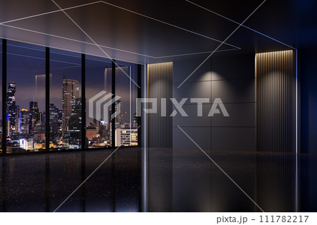 Modern style luxury black new empty room interior with night city view background 3d render Modern style luxury black new empty room interior with night city view background 3d render 111782217