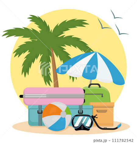 Summer landscape travel. Suitcases on the background of a palm tree in the cartoon style. Summer landscape travel. Suitcases on the background of a palm tree in the cartoon style. 111782542