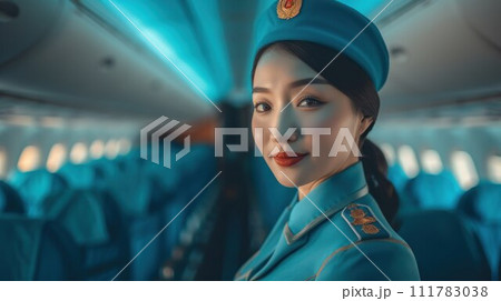 Cabin crew or air hostess working in airplane. Airline transportation and tourism concept 111783038
