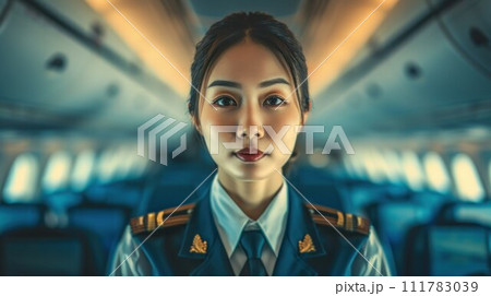 Cabin crew or air hostess working in airplane. Airline transportation and tourism concept 111783039