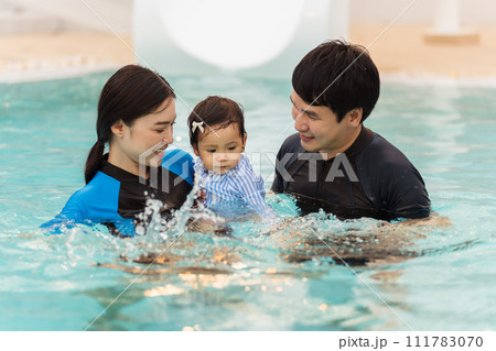 happy family. father and mother with small daughter in swimming pool. happy family. father and mother with small daughter in swimming pool. 111783070