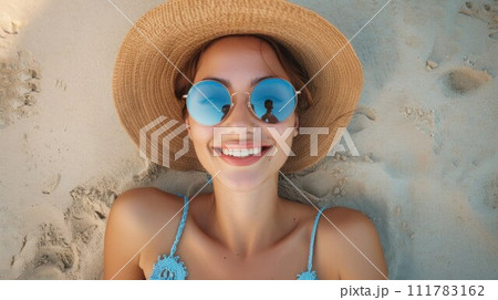 Happy girl taking selfie in summer beach vacation smiling of fun on tropical Caribbean holidays 111783162