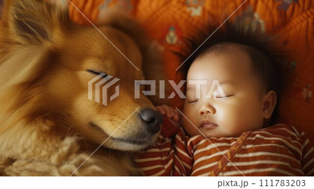 Newborn baby and a dog sleeping together 111783203