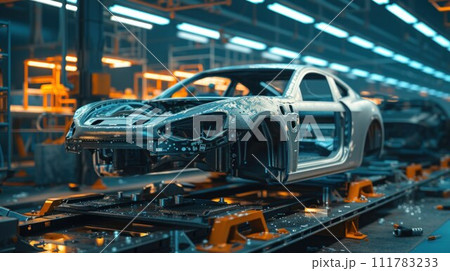 Movement of vehicles along the production line at the plant. Car Assembly shop. Car Assembly by parts 111783233
