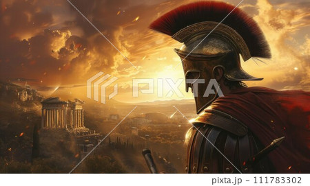 Spartan soldier with stunning muscular torso standing in front of town 111783302