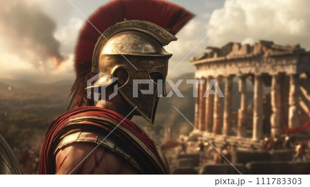 Spartan soldier with stunning muscular torso standing in front of town 111783303