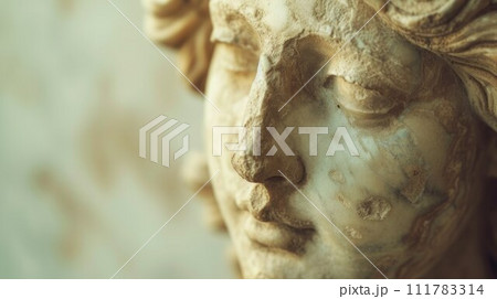 Close up face of Olympic goddess. Fragment of ancient statue 111783314