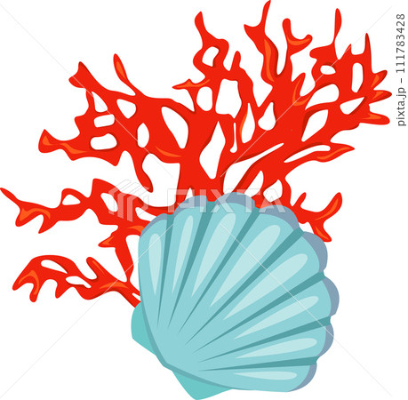 seashell with algae and bubbles, marine flora and fauna 111783428