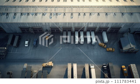 Aerial Shot of Industrial Warehouse Loading Dock where Many Truck with Semi Trailers Load Merchandise Aerial Shot of Industrial Warehouse Loading Dock where Many Truck with Semi Trailers Load Merchandise 111783441