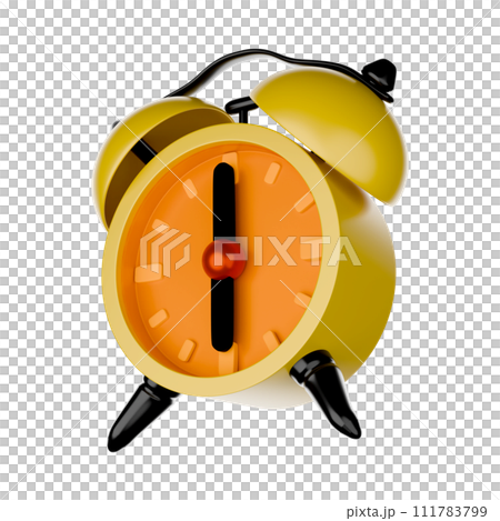 Yellow alarm clock, cartoon style, 3D rendering on white background have work path. Wake up at 6 am. or 6 pm. 111783799