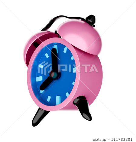 Pink alarm clock, cartoon style, 3D rendering on white background have work path. Wake up at 8 a.m. 111783801