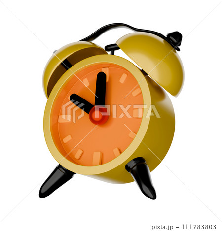 Yellow alarm clock, cartoon style, 3D rendering on white background have work path. Wake up at 10 am. or 10 pm. Yellow alarm clock, cartoon style, 3D rendering on white background have work path. Wake up at 10 am. or 10 pm. 111783803