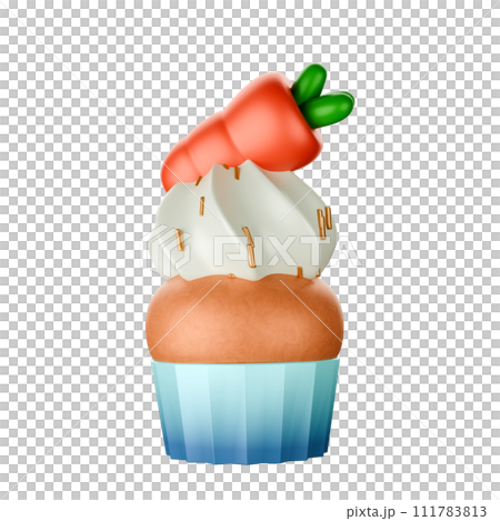 Cartoon style carrot muffin whipped cream white 3D rendering on white background have work path. Cartoon style carrot muffin whipped cream white 3D rendering on white background have work path. 111783813