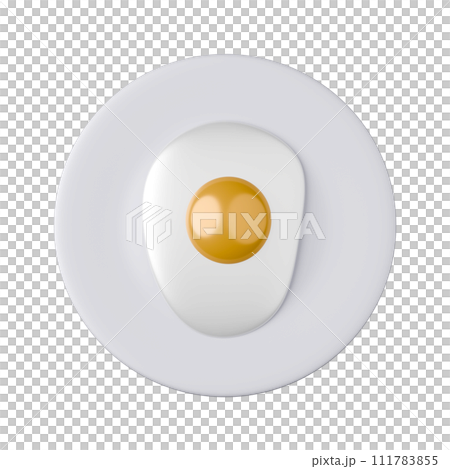 Cartoon style Fried eggs on a pink plate 3D rendering on white background have work path. 111783855