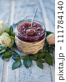 roses jam. food background with a glass jars full of tea rose jam 111784140