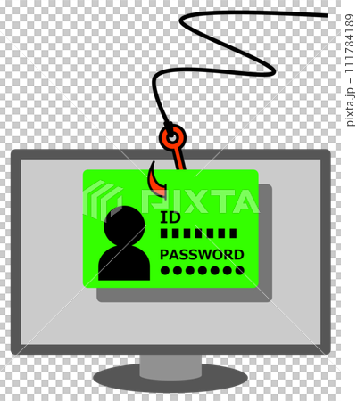 Illustration of a phishing scam where personal ID information and passwords are stolen 111784189