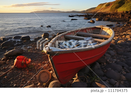 Red Fishing Boat with Fresh Catch at Shoreline. Generative Ai. 111784375