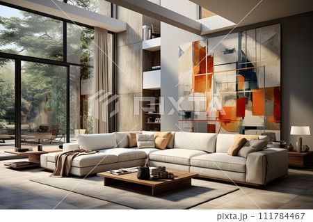 modern and cozy living room with furniture and a large abstract painting modern and cozy living room with furniture and a large abstract painting 111784467