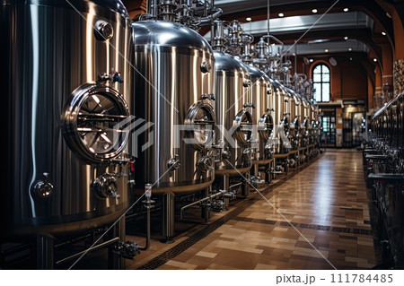 Winery, manufacturing with technology. Metal kegs of wine in factory warehouse Winery, manufacturing with technology. Metal kegs of wine in factory warehouse 111784485