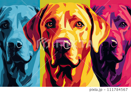 Golden retriever dog close-up in abstract mixed grunge colors, digital painting 111784567