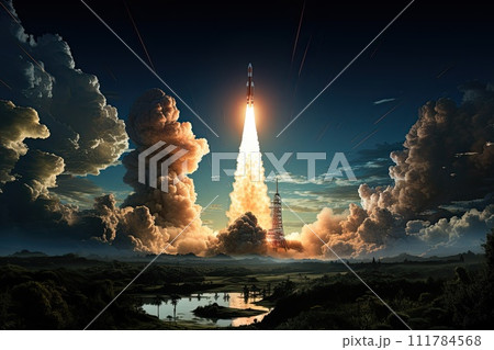 Rocket starts into space, Travel Mars, New space rocket lift off. Space shuttle 111784568