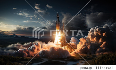 Rocket starts into space, Travel Mars, New space rocket lift off. Space shuttle 111784581