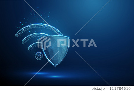 Abstract Wi-Fi symbol behind blue futuristic guard shield Safe wireless internet technology protection concept Low poly Abstract Wi-Fi symbol behind blue futuristic guard shield Safe wireless internet technology protection concept Low poly 111784610