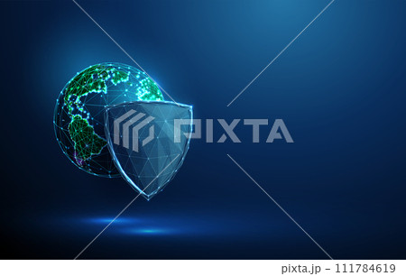 Abstract planet Earth behind blue futuristic guard shield. Ecology protection concept. Low poly style 111784619
