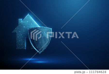 Abstract house icon behind blue futuristic guard shield. Protection, property insurance concept. Low poly style 111784628