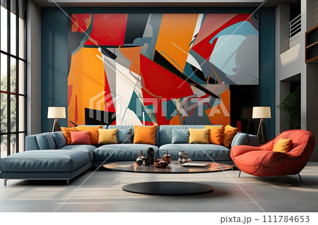modern and cozy living room with furniture and a large abstract painting modern and cozy living room with furniture and a large abstract painting 111784653